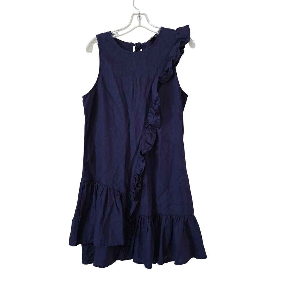Saks Fith Avenue Navy Blue 100% Linen Ruffle Tiered Sleeveless Shift Dress L